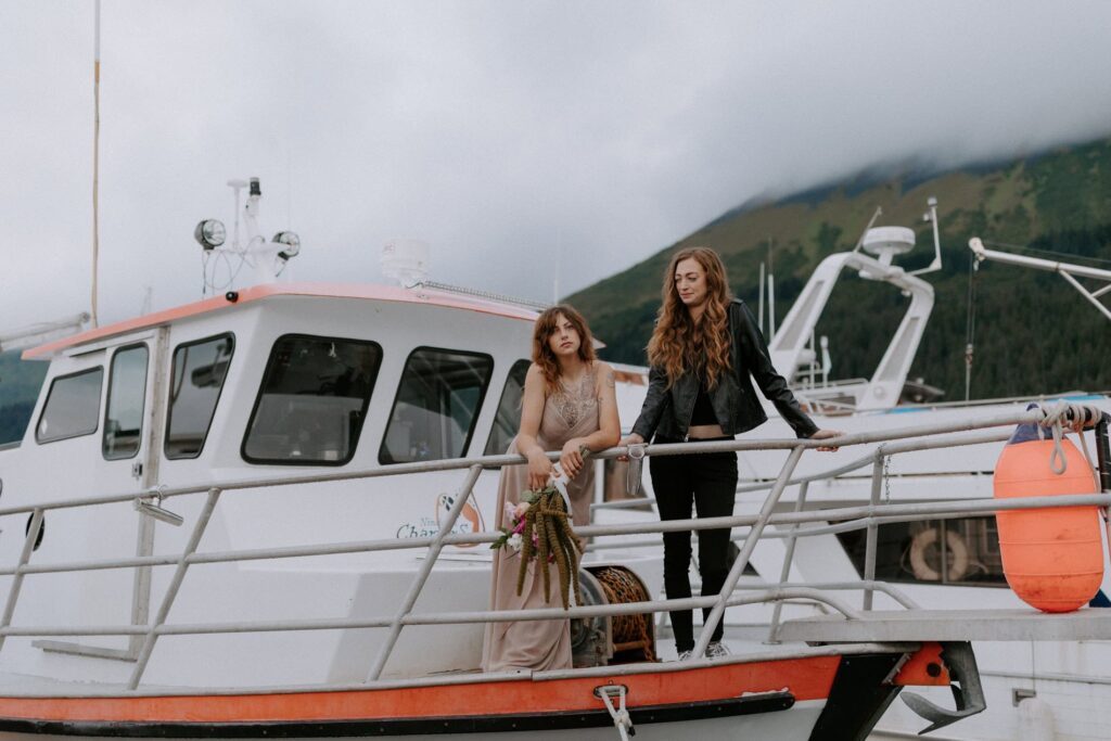 A couple preparing to leave for their elopement boat tour in the Kenai Fjords National Park.