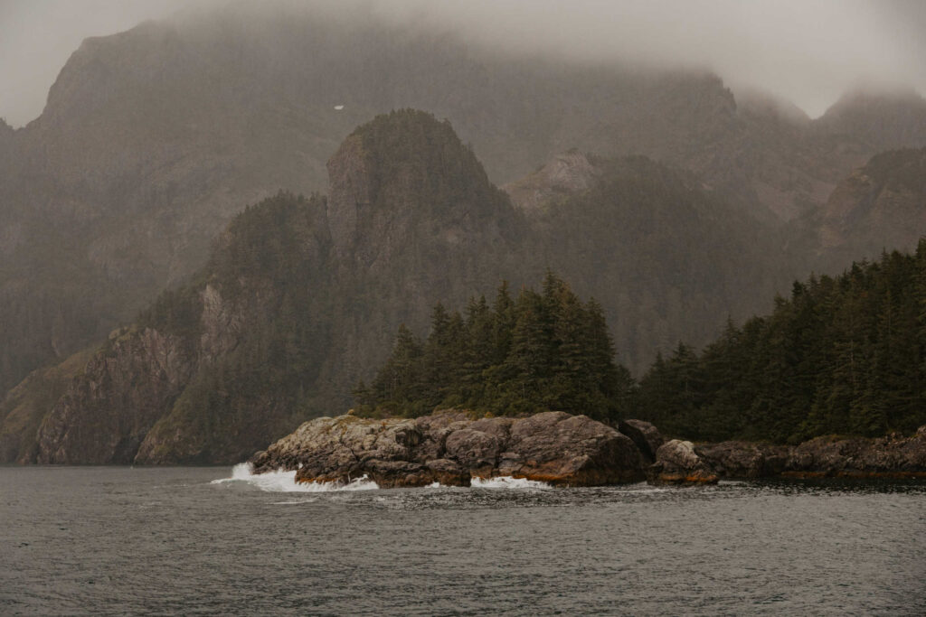 waves crash into a forested cliffside in a misty Kenai Fjords National Park.